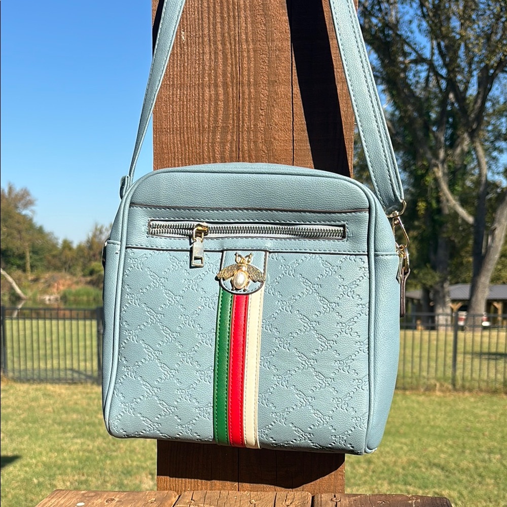 GUC Light Blue Crossbody Striped Queen Bee Pearl Bag